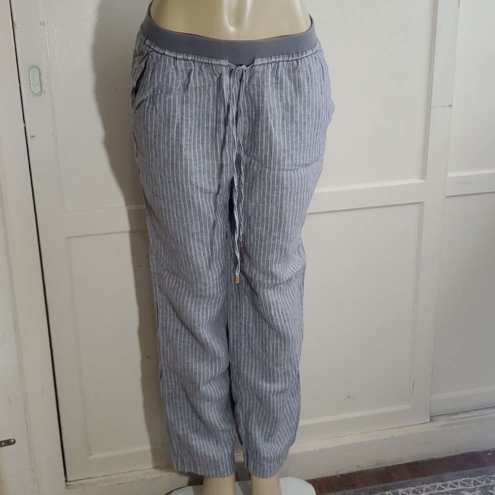 Ellen Tracy 100% Linen Women's Pants Drawstring Gray Striped Size M